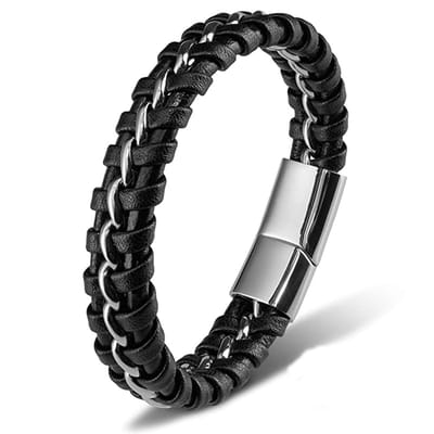 Victorious Leren Armband Heren – RVS Roestvrij Staal – Zilver/Zwart – 22.5cm
