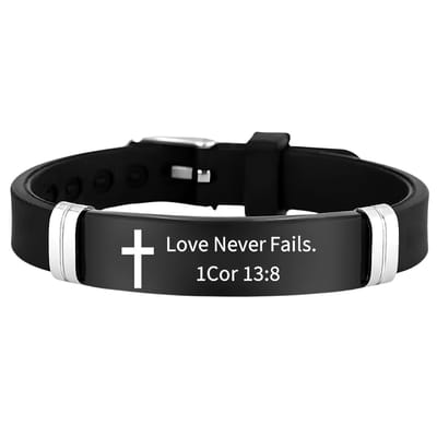 Christelijke Armband Unisex - Met Kruis & Bijbeltekst (1 Korintiërs 13:8) - Zwart Siliconen & RVS - Verstelbaar & Waterbestendig - Betekenisvol Geloof Cadeau
