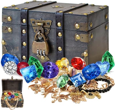 Vintage Houten Schatkist met Slot voor Sieradenopslag en Decoratie - Piratenstijl, Uniek Design, 18 x 11.5 x 10.5 cm