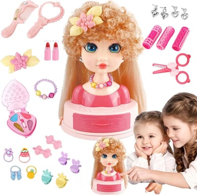 Poppenhoofd Haarstyling - Kapperskop Meisjes - Kinderen Leren Stijlen - Inclusief Accessoires - 30 x 30 x 18 cm