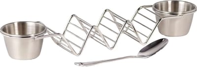 Intirilife Taco Houder van roestvrij staal voor tot 3 tacos - 2 sauskommen (55 ml elk) - 1 lepel - 28.5 x 6.3 x 4 cm - Tortilla standaard voor hotdogs sandwiches, dienblad, vaatwasmachinebestendig