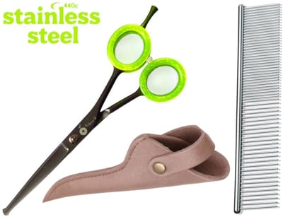 Professor Q – Veilige Trimschaar voor Hond & Kat – Met Ronde Punt – Ideaal voor Ogen, Pootjes & Gezicht – 14 cm met Luxe Lederen Etui – 16,5 cm – Brons + Anti-Klit Kam – Pijnloos & Huisdiervriendelijk