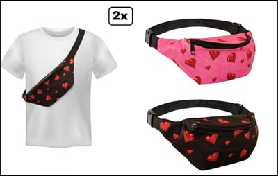 2x Heuptasje zwart en roze met hartjes - verstelbare band - Thema feest festival carnaval optocht fun hartjes liefde