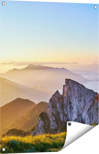 Gards Tuinposter Zonsopkomst in de Bergen in de Alpen - 60x80 cm - Tuindoek - Tuindecoratie - Wanddecoratie buiten - Tuinschilderij