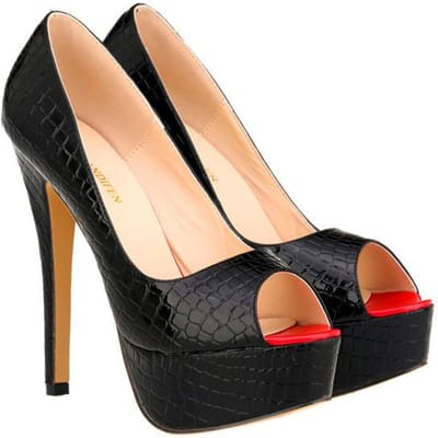 Platform Hoge Hakken Pumps Nieuw 14cm Sexy Krokodil Patroon Ondiep Feest Schoenen Werk Dames Rood Bruiloft 38 zwart
