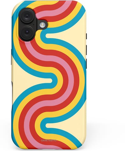 Casetastic hoesje geschikt voor Apple iPhone 16 - MagSafe - Dubbellaagse bescherming - Retro kronkels - Fashion Case - Crème Lichtblauw Goud Rood