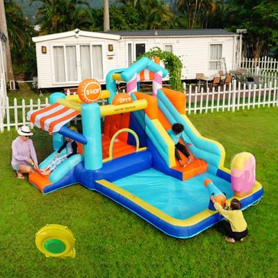 Opblaasbaar kasteel voor kinderen - buitenwaterpark - trampoline - glijbaan - fontein - waterpistool - winkelzonnescherm - met ventilator