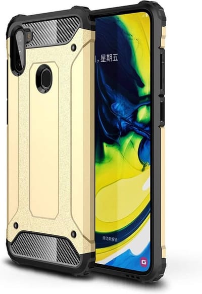 Schokbestendig Heavy Duty Hoesje Geschikt voor: Samsung Galaxy A11 Shock Proof Hybride - Back Cover - Dual Layer Armor Case - Extra Stevig - Goud
