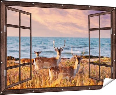 Gards Tuinposter Doorkijk Drie Herten aan de Zee tijdens Zonsondergang - 180x120 cm - Tuindoek - Tuindecoratie - Wanddecoratie buiten - Tuinschilderij