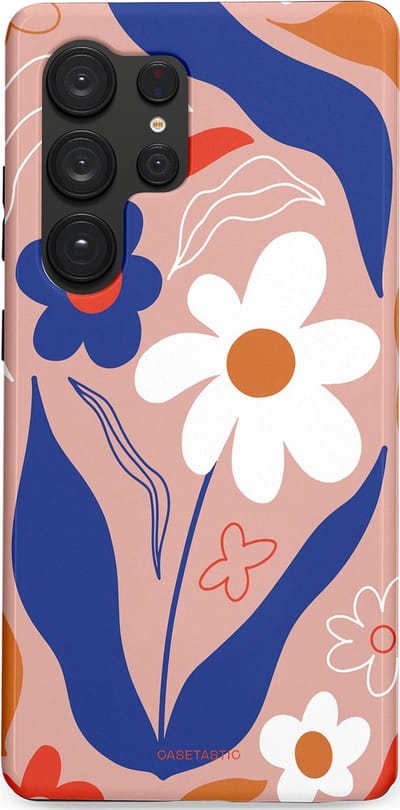 Casetastic hoesje geschikt voor Samsung Galaxy S25 Ultra - Dubbellaagse bescherming - Eenvoud in bloei - Fashion Case - Perzik Donkerblauw Wit