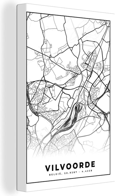 Canvas Schilderij Stadskaart – Plattegrond – België – Zwart Wit – Vilvoorde – Kaart - 20x30 cm - Wanddecoratie