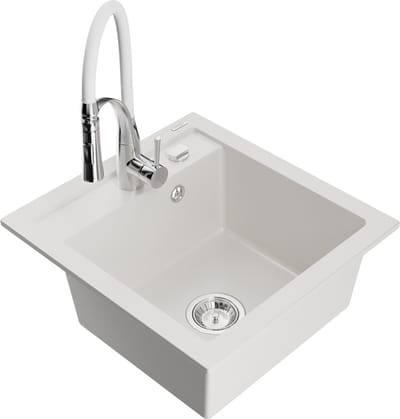 Mexen Vito granieten spoelbak 1-kamer met keukenmengkraan Aster, wit - 6503-20-73450-02