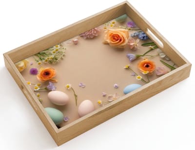 Dienblad hout 40x30 cm - Schootdienblad - Bloemen - Pastelkleuren - Paaseieren - Taupe - Borrelplank rechthoek - Plateau dienbladen