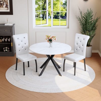 Set Tafel En Stoelen - Ronde Eettafel Met 2 Eetkamerstoelen - Marmerlook En Zachte Zitting - Voor Keuken En Eetkamer - Hout Metaal Zwart Wit
