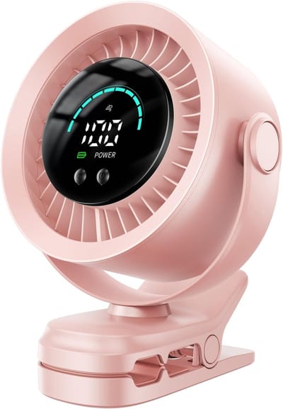 Draagbare clipventilator, oplaadbare USB-ventilator met 100 snelheden, LED-display, 360° draaibaar en krachtige luchtstroom, bureauventilator met een gebruiksduur tot 17 uur, kleine batterijventilator(Roze)