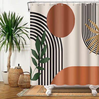 Douchegordijn, abstract, boho, terracotta, midden van de eeuw, minimalistisch, anti-schimmel, waterdicht, polyester stof, wasbaar, badgordijn met 12 haken, 180 x 180 cm (b x h)