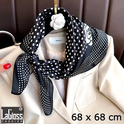 LaGloss® Elegante Zwart & Wit Polka Dot Vierkante Sjaal met Bloemenprint –Mode Halsdoek Accessoire