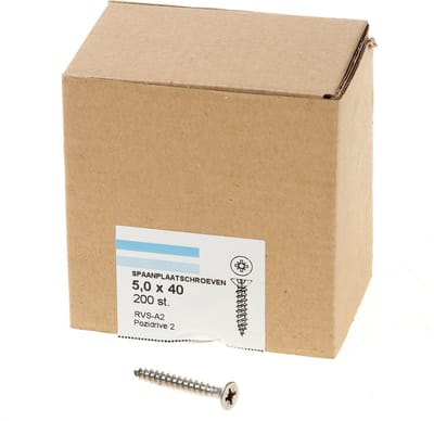 Hoenderdaal Spaanplaatschroef RVS platverzonken kop PZ2 voldraad 5.0X40 (per 200 stuks)