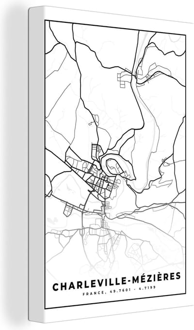 Canvas Schilderij Charleville-Mézières - Stadskaart – Plattegrond – Kaart – Frankrijk - Zwart wit - 20x30 cm - Wanddecoratie