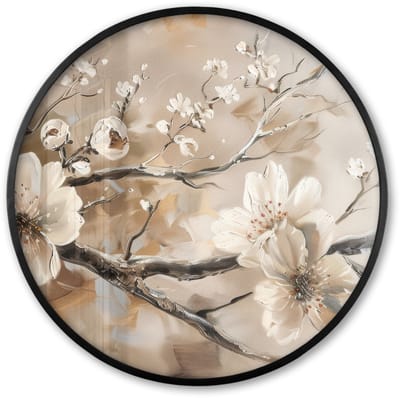 Poster in lijst Rond - Fotolijst 60x60 cm - Posters - Bloemen - Natuur - Wit - Bloesem - Abstract - Ronde posterlijst zwart - Decoratie - Wanddecoratie woonkamer - Muurdecoratie slaapkamer