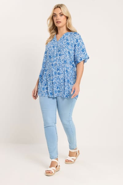 Yours Blauwe Gerimpelde Top Met Bloemenprint En Inkeping In De Hals Size 42