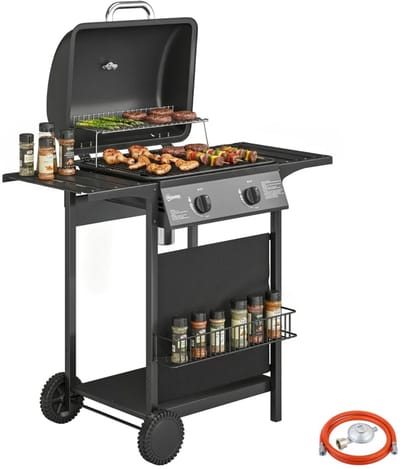 Gasbarbecue - Gasbarbecue en grill - 2 Branders - 5 kW - Grillwagen - Barbecuewagen - met Grillrooster, Wielen, Bijzettafels, Thermometer, Opvangbak en Warmhoudplaten - 99 x 56 x 95 cm - Zwart