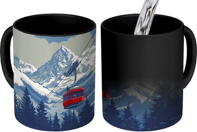Magische Mok - Foto op Warmte Mokken - Koffiemok - Kabelbaan - Sneeuw - Berglandschap - Magic Mok - Beker - 350 ML - Theemok
