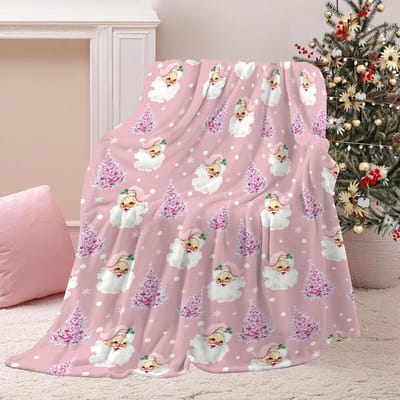 Superzachte Roze Pluche Kerst Plaid – Warme Fleece Deken met Sneeuwvlok & Kerstman voor Bank en Woonkamer (152x127 cm)