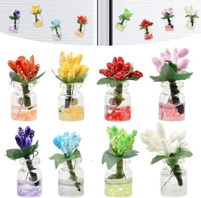 Set van 8 Mini Magnetische Vazen van Glas met Kunstbloemen voor Koelkast, Keuken of Kantoordecoratie