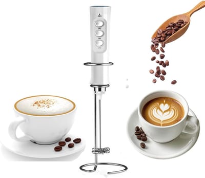 KZQ Witte Melkopschuimer Draadloze 3-in-1 Elektrische Klopper met Oplaadstation USB-C 3 Snelheden & 3 Roestvrijstalen Gardes voor Cappuccino Latte Eiwit Koffie Keukenmixer