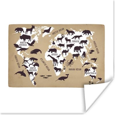 Wereldkaart Kinderen - Wit - Dieren - 30x30 cm - Poster