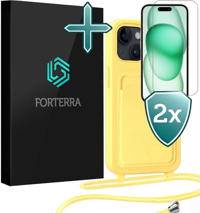 Hoesje Geschikt voor iPhone 15 Plus Pashouder Case Siliconen Hoes Met Koord Met 2x Screenprotector - Hoes Geschikt voor iPhone 15 Plus Met Telefoonkoord Hoesje Back Cover Met Pasjeshouder - Geel