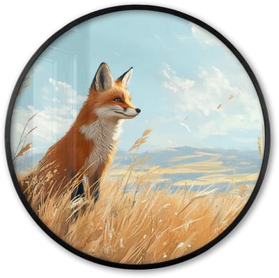 Poster in lijst Rond - Fotolijst 60x60 cm - Posters - Vos - Gras - Wolken - Oranje - Ronde posterlijst zwart - Decoratie - Wanddecoratie woonkamer - Muurdecoratie slaapkamer