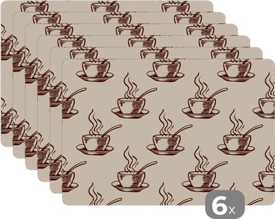 Placemat - Placemats kunststof - Patronen - Vintage - Koffie - 45x30 cm - 6 stuks - Hittebestendig - Anti-Slip - Onderlegger - Afneembaar