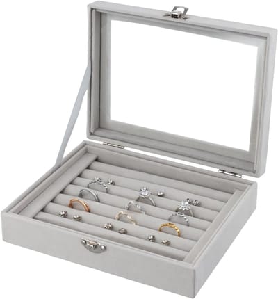 SnelShoppen - Elegante Velvet Juweel Doos met Transparante Deksel - Ringen Organizer met 7 Compartimenten voor Sieraden, Oorbellen, Kettingen - Perfec