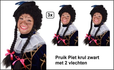 3x Pieten pruik luxe krul zwart met 2 vlechten - Pruik Piet Sinterklaas feest thema Pietje thema feest