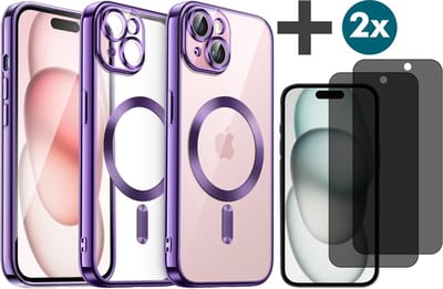 Hoesje met Privacy Screenprotectors 2 Stuks Geschikt voor iphone 15 Hoesje - Geschikt voor MagSafe - Arara siliconen Backcover - Paars