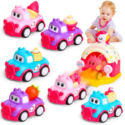 Namajunas - Speelgoed auto - Vanaf 1 jaar meisjes - Speelgoed baby - Speelgoedvoertuigenset voor peuters 10-12-18 maanden - cadeau voor kinderen van 1 2 3 jaar - 7 stuks dessertraceauto's met eenhoornkatapult - Terugtrek-auto speelgoed