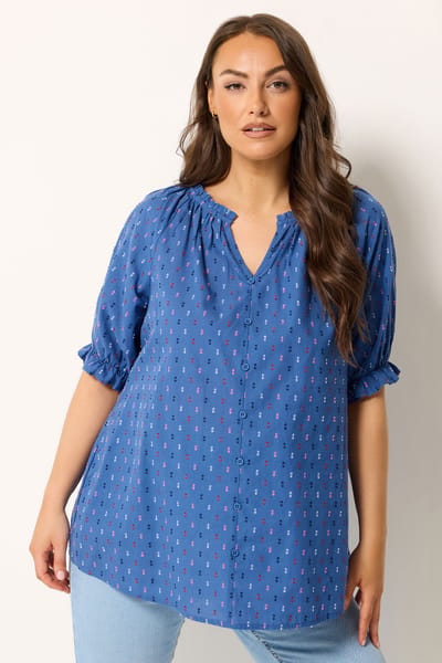 Yours Blauwe Dobby Top Met Ruches Size 42