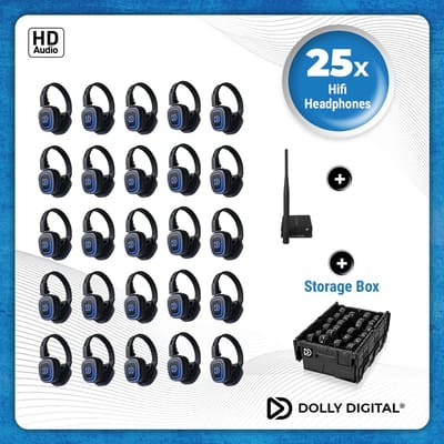 Silent Disco Pro Box 25 | 25 HiFi Headsets FD-Pro, Oplaadbare zender T70, Storage Box | DOLLY DIGITAL©