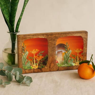 Ancient Wisdom - Decoratief dienblad - Dubbel paddenstoeldesign bordeauxrood 20x10x2,5 cm - sieradenbak - interieuraccessoire - woondecoratie - tafelaccessoire - decoratieartikel