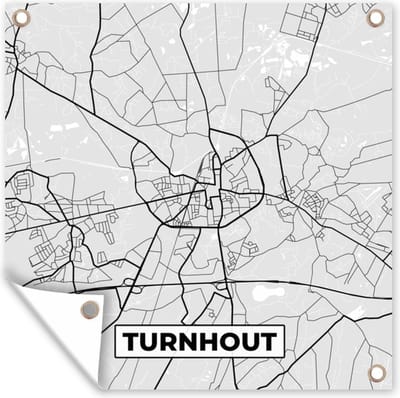 Tuin poster Kaart – Plattegrond – Stadskaart – Turnhout – België – Zwart Wit - 200x200 cm - Tuindoek