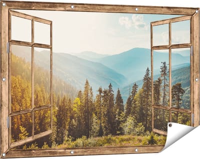 Gards Tuinposter Doorkijk Bos met Bomen in de Hoge Bergen - 120x80 cm - Tuindoek - Tuindecoratie - Wanddecoratie buiten - Tuinschilderij