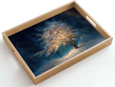 Dienblad hout 50x35 cm - Schootdienblad - Levensboom - Nacht - Donker - Blauw - Borrelplank rechthoek - Plateau dienbladen
