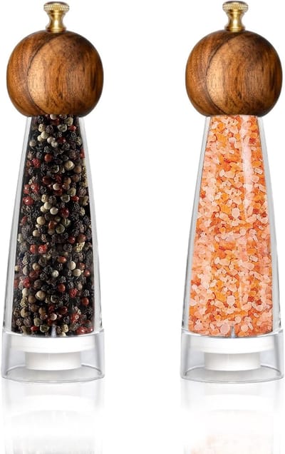 Classic Manual Transparent Pepper Mill and Salt Mill Set - 2 Pieces 20 cm - Solid Wood Hand Shaker Rotor - Ceramic Core with Adjustable Coarse Mill for Pepper and Salt