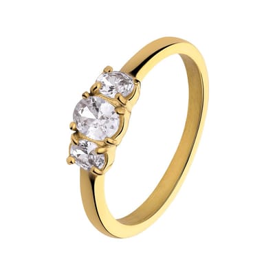 Lucardi Dames Stalen goldplated vintage ring met drie witte zirkonia - Ring - Staal - Goudkleurig - 17 / 53 mm