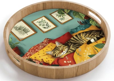 Dienblad rond 40x40 cm - Schootdienblad hout - Kat - Planten - Groen - Borrelplank rechthoek - Plateau houten dienbladen