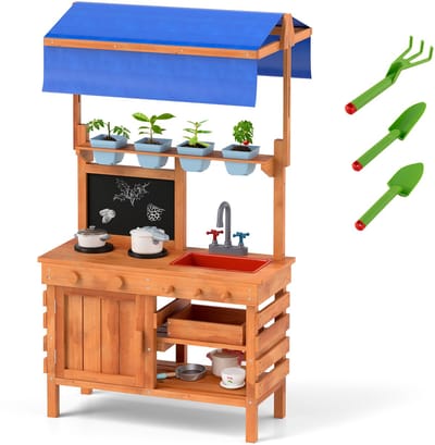 COSTWAY Modderkeuken voor kinderen, outdoor, kinderkeuken, hout met zonnedak, bord en plantenbekers en schoppen, speelkeuken met fornuis, gootsteen, tuinkeuken, outdoor, keuken voor kinderen vanaf 3