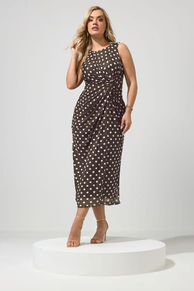 Yours London Chocoladebruine Jurk Met Polkastippen En Knoop Size 38