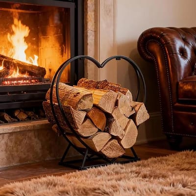 Decoratief Houtrek - Houtopslag Staal - Haardhout Opslag - Elegant Hartvormig - 58x20x57 cm - Zwart
